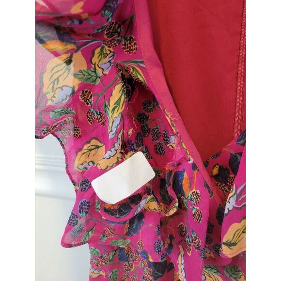 RTR sz 2 Saloni Cece magenta pink floral ruffle hemline v neckline mini dress - Picture 6 of 7